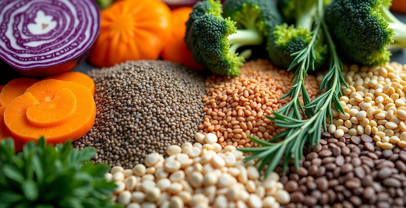 Makroaufnahme bunter pflanzlicher Lebensmittel in natürlicher Anordnung