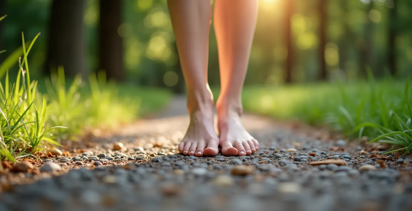 Person praktiziert Gehmeditation auf gewundenem Parkweg