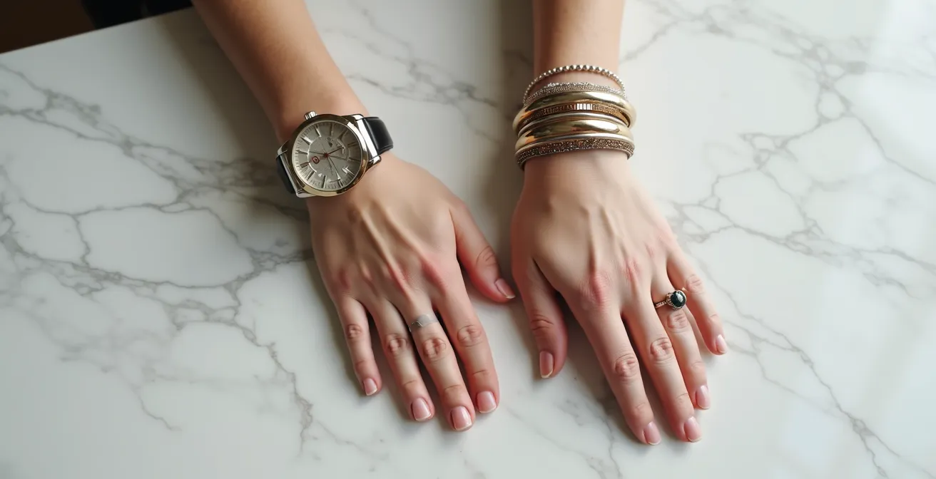 Zwei Handgelenke zeigen asymmetrisches Stacking - links eine Uhr allein, rechts mehrere Armbänder