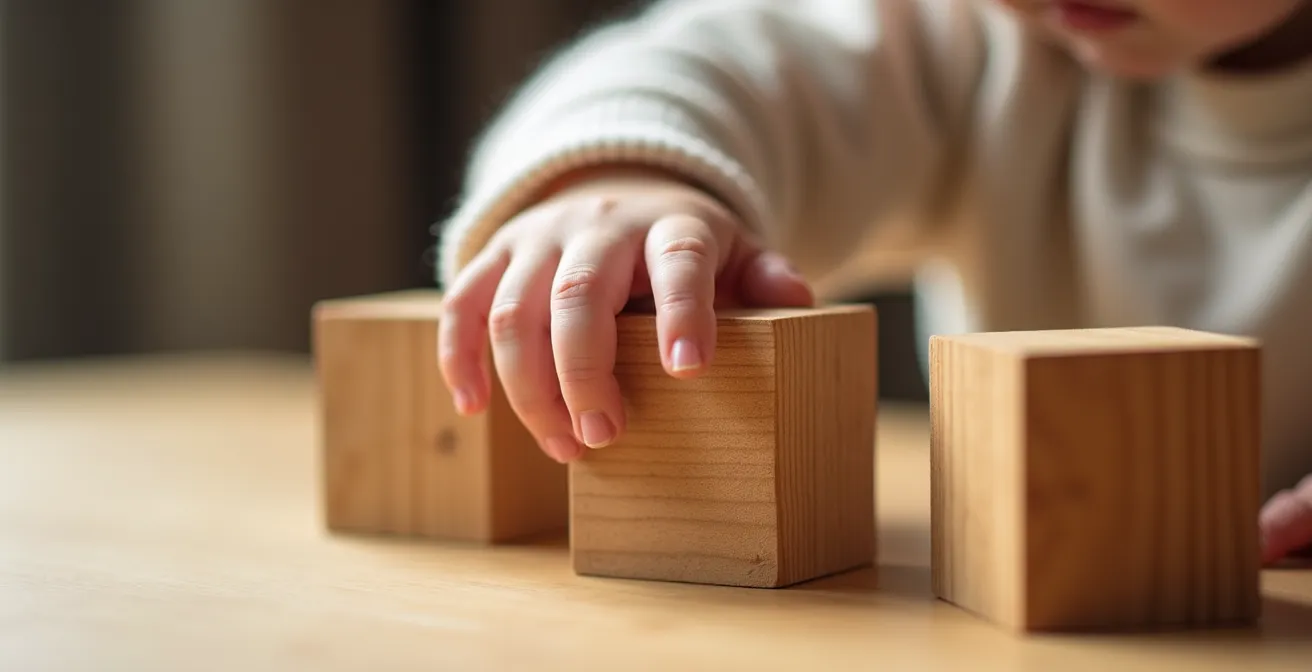 Baby erkundet konzentriert einfaches Holzspielzeug mit den Händen