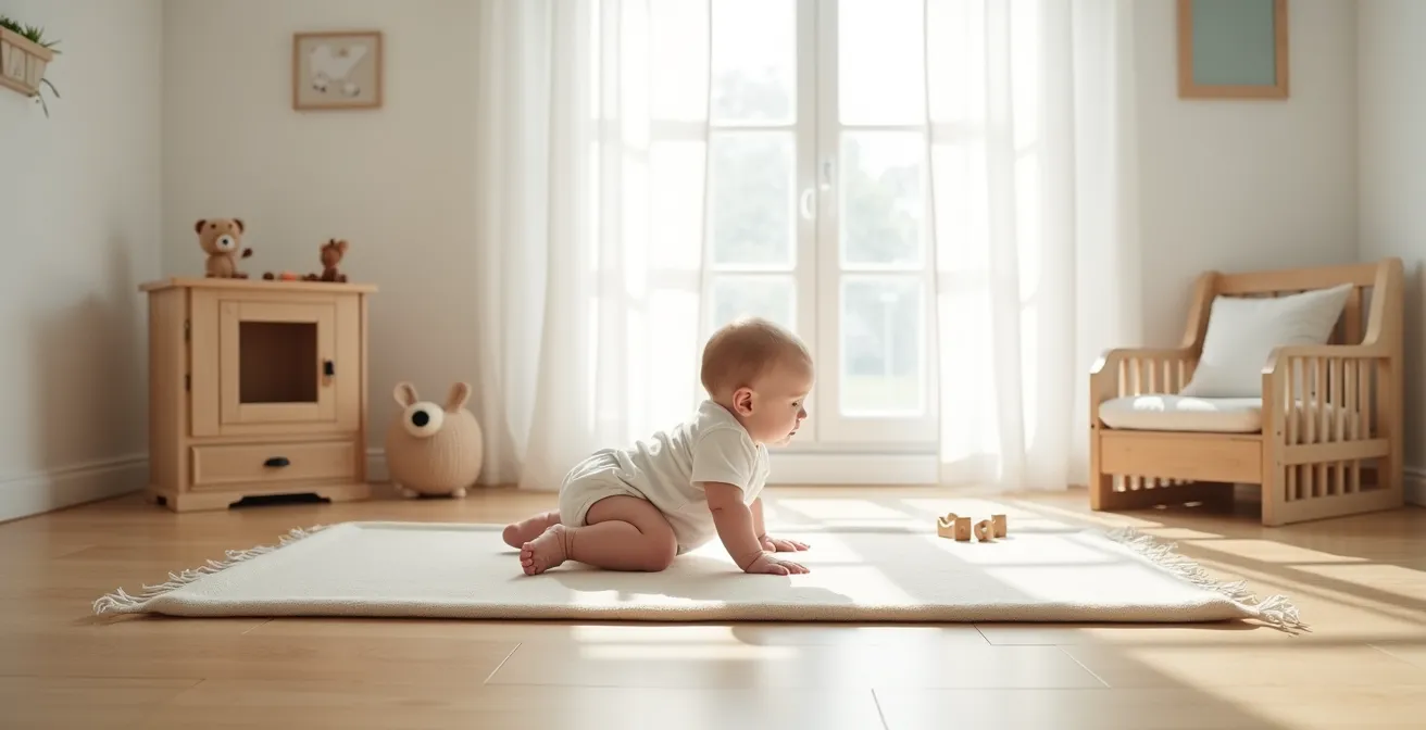 Baby übt selbstständiges Sitzen auf weicher Spielmatte in einer hellen, minimalistischen Umgebung.