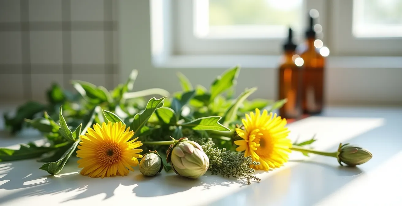 Arrangement deutscher Bitterkräuter und Heilpflanzen für die Lebergesundheit