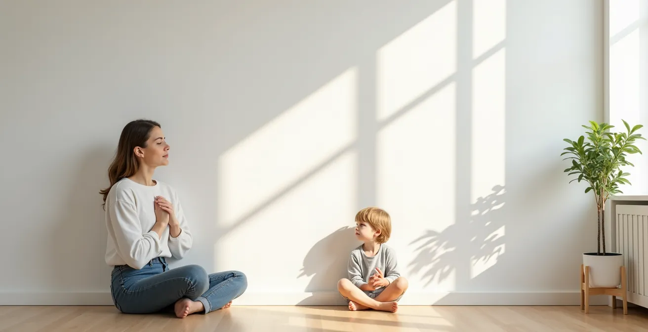 Ruhige Mutter reguliert sich selbst während Kind emotional ist