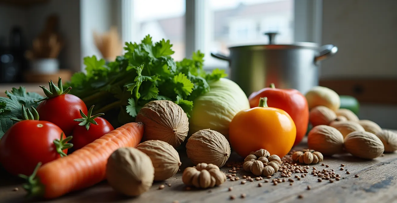 Vielfältige deutsche Wintergemüse und Nüsse arrangiert in natürlichem Licht