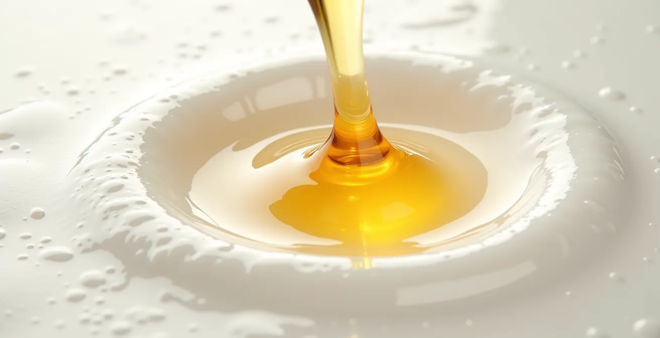 Makroaufnahme von Öltropfen die sich mit Wasser zu einer milchigen Emulsion verbinden