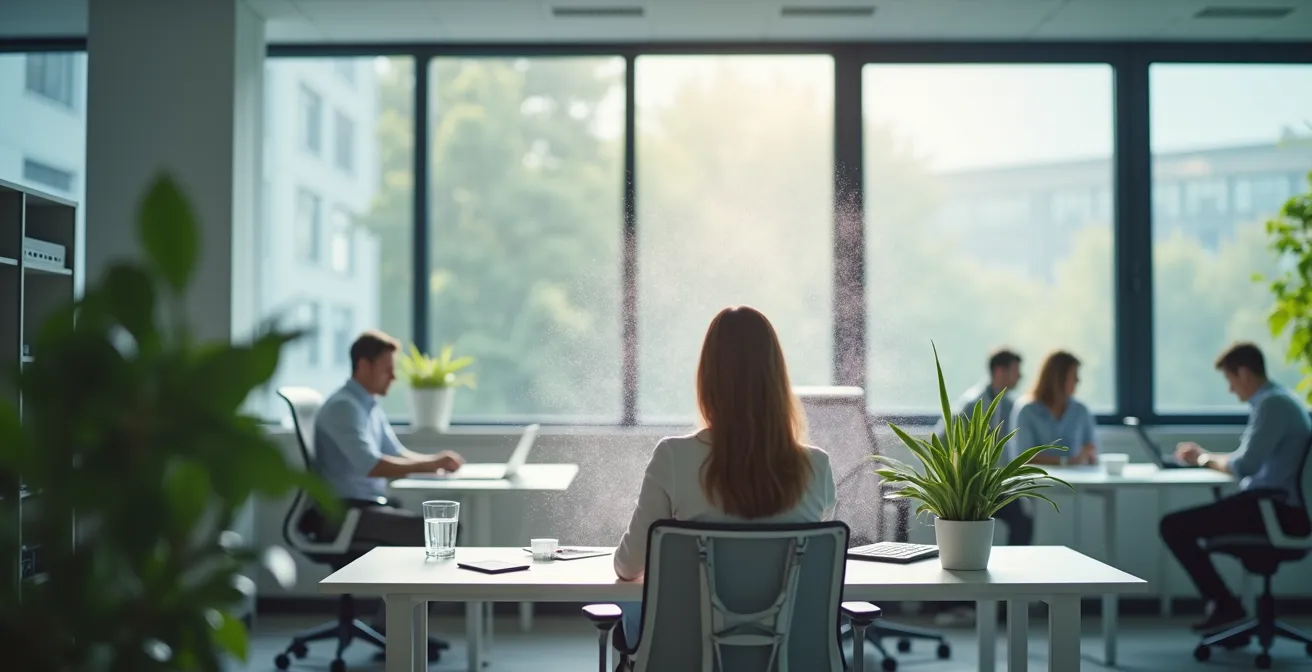 Professioneller Arbeitsplatz mit symbolischer Schutzbarriere aus Licht