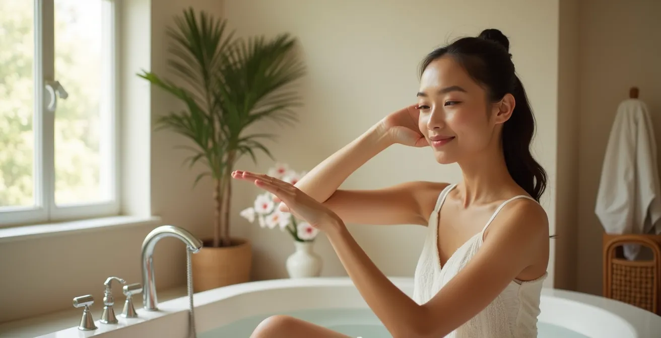 Frau in entspannter Umgebung führt sanfte Kopfhautmassage durch