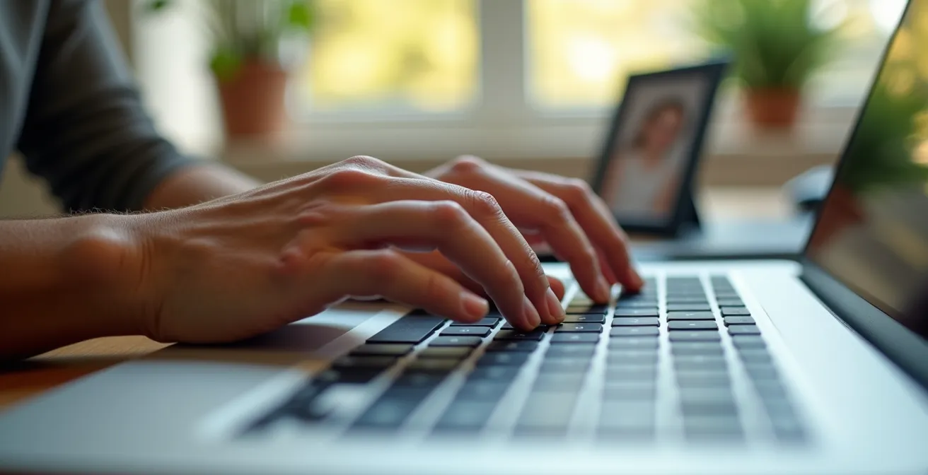 Eine Frau an einem aufgeräumten Arbeitsplatz mit einem Familienfoto im unscharfen Hintergrund, das die Integration von Beruf und Familie symbolisiert.