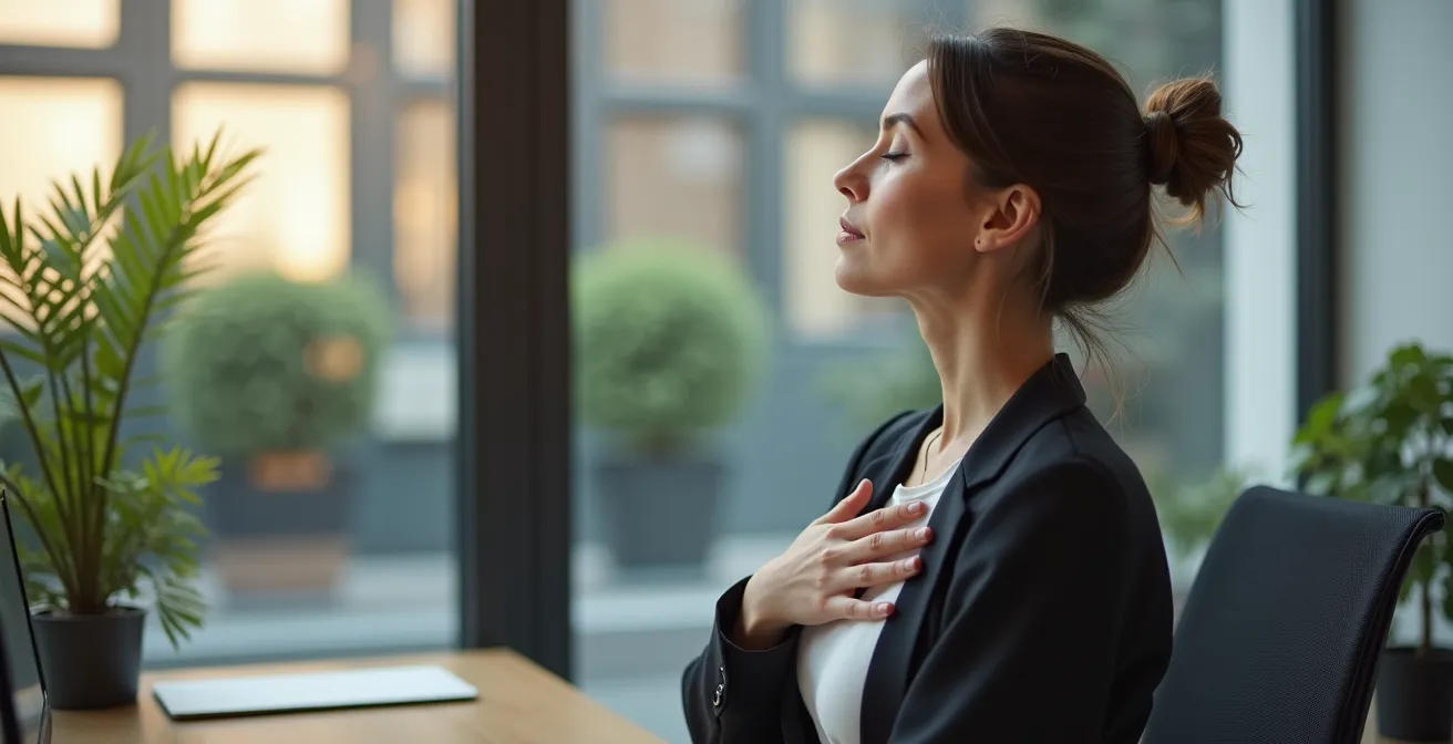 Geschäftsfrau praktiziert diskrete Atemübung am Arbeitsplatz