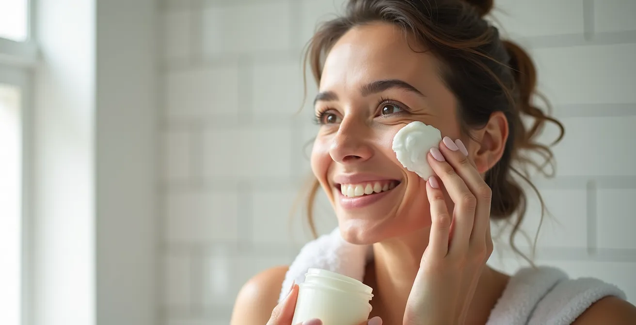 Frau trägt natürliche probiotische Gesichtsmaske auf