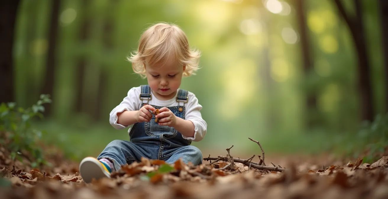 Kind beim freien Spiel in natürlicher Umgebung eines deutschen Waldkindergartens