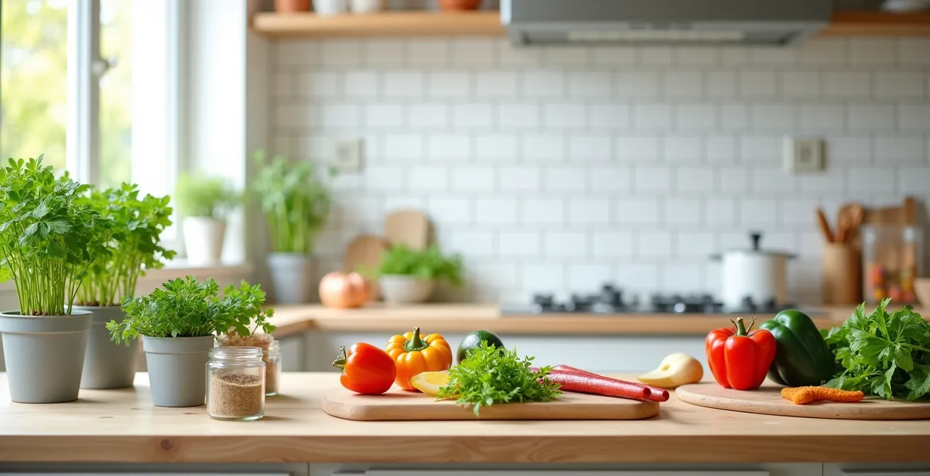 Weitwinkelaufnahme einer minimalistischen Küche mit frischen Kräutern und Gewürzen