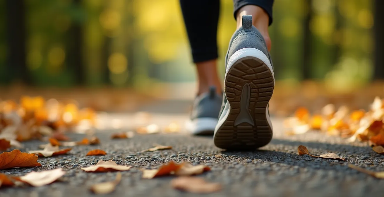 Person praktiziert Gehmeditation in einem ruhigen Stadtpark