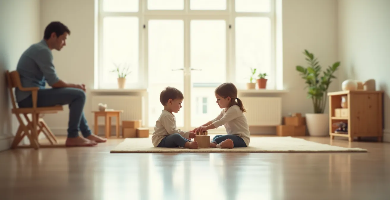Elternteil begleitet zwei Kinder bei der Konfliktlösung