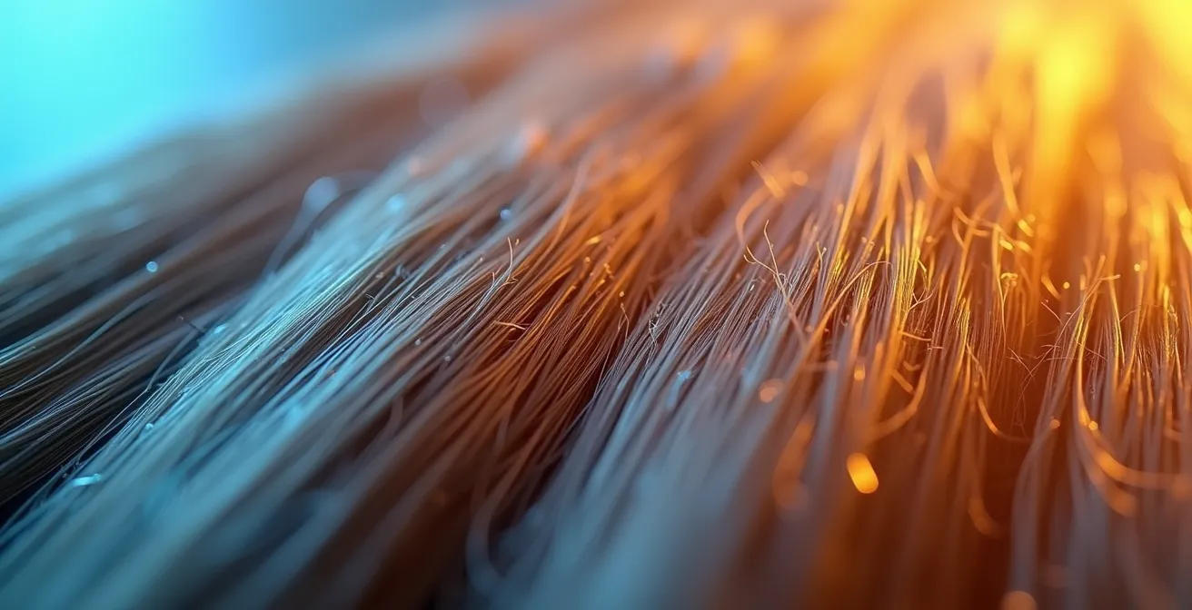 Makroaufnahme von Haarsträhnen unter verschiedenen Temperatureinwirkungen, von gesund bis stark geschädigt.