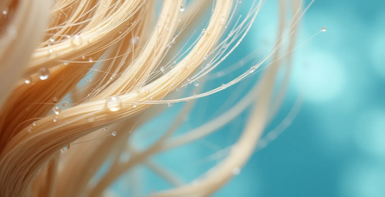Nahaufnahme von blondem Haar mit Leave-in-Schutzfilm vor dem Schwimmen