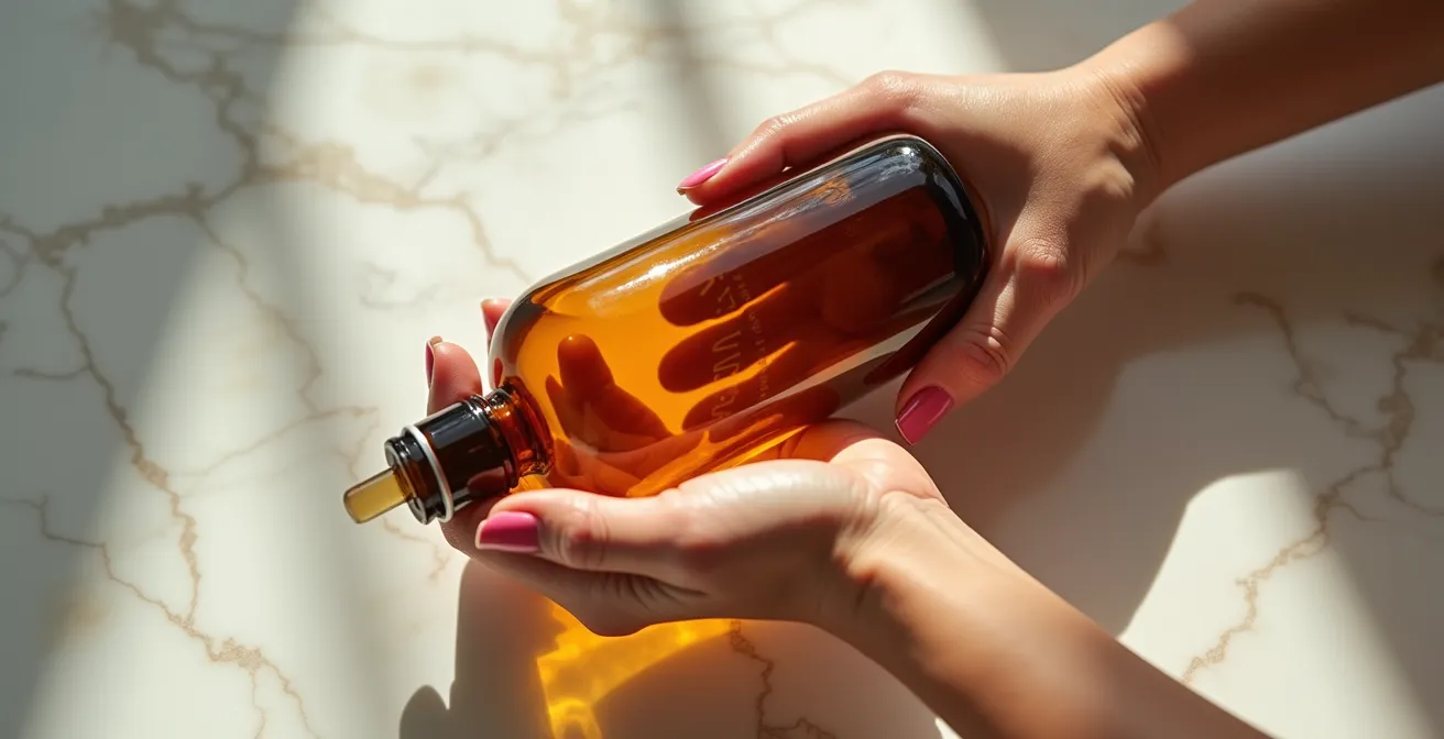 Nahaufnahme einer Hand, die eine Produktflasche dreht, um die Inhaltsstoffliste zu lesen