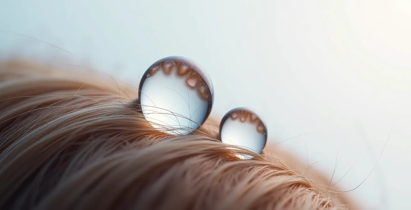 Makroaufnahme eines Wassertropfens auf einer Haarsträhne, die die Porosität des Haares zeigt
