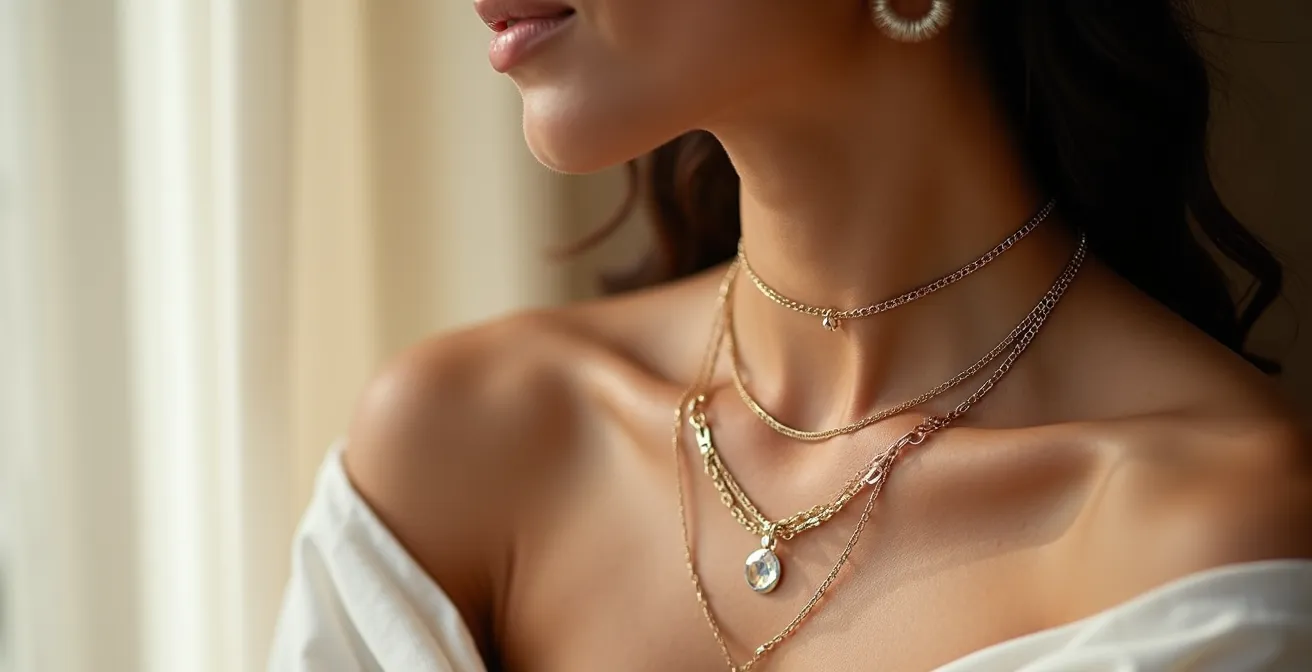 Seitenprofil einer Frau mit drei verschiedenen Kettenlängen in harmonischem Layering