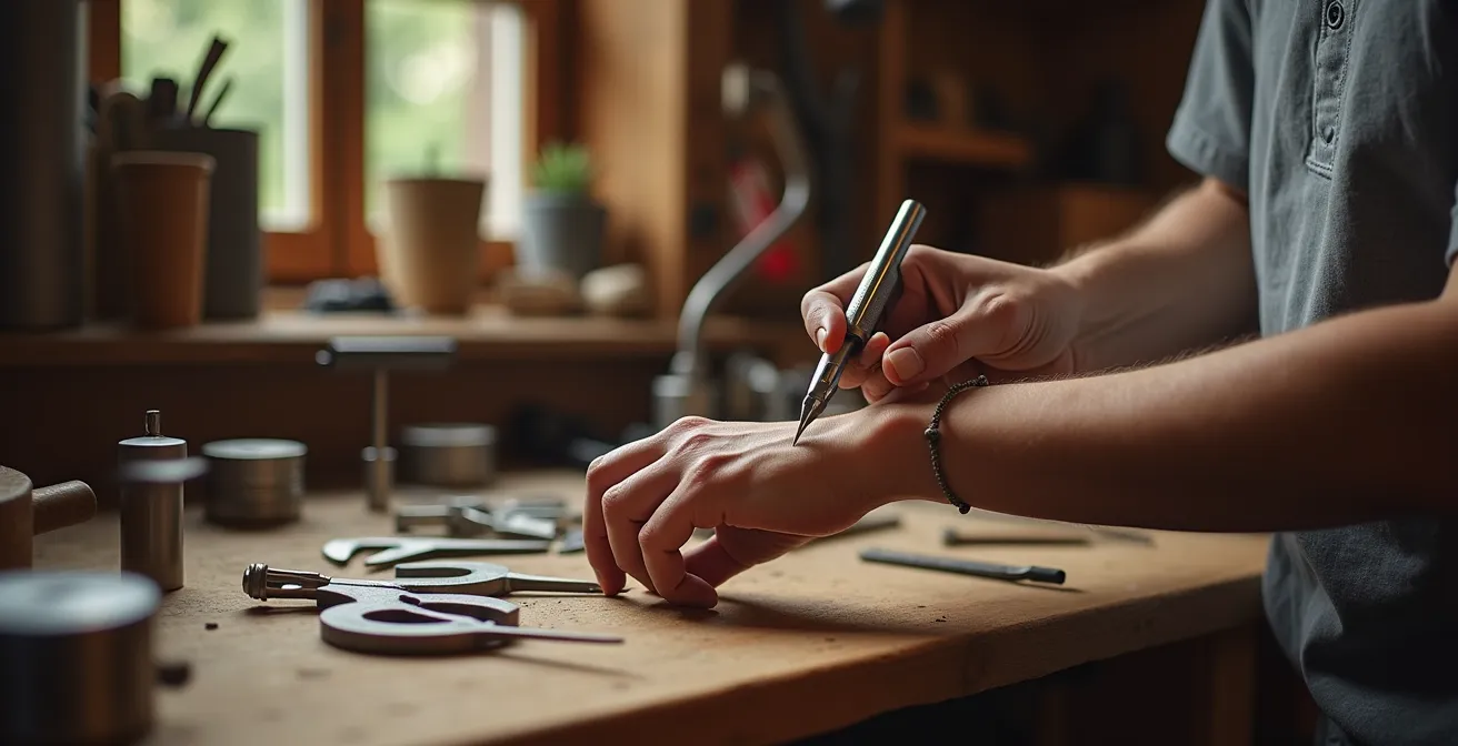 Professionelle Handgelenksmessung beim Goldschmied mit traditionellen Werkzeugen