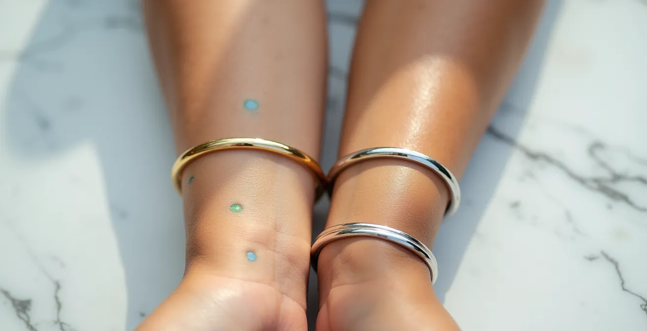 Detailaufnahme zweier Handgelenke im Tageslicht mit sichtbaren Venen, die blaue und grüne Untertöne zeigen