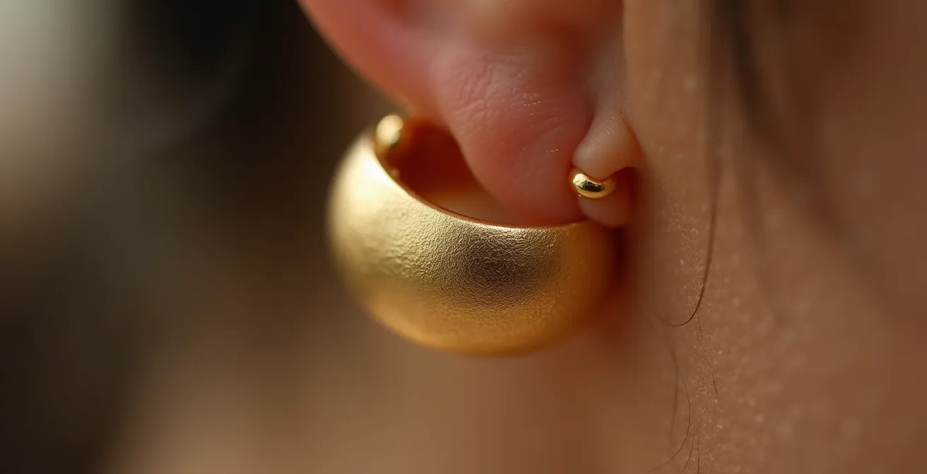 Makroaufnahme eines eng anliegenden Huggie-Ohrrings am Ohrläppchen, der den perfekten Sitz demonstriert