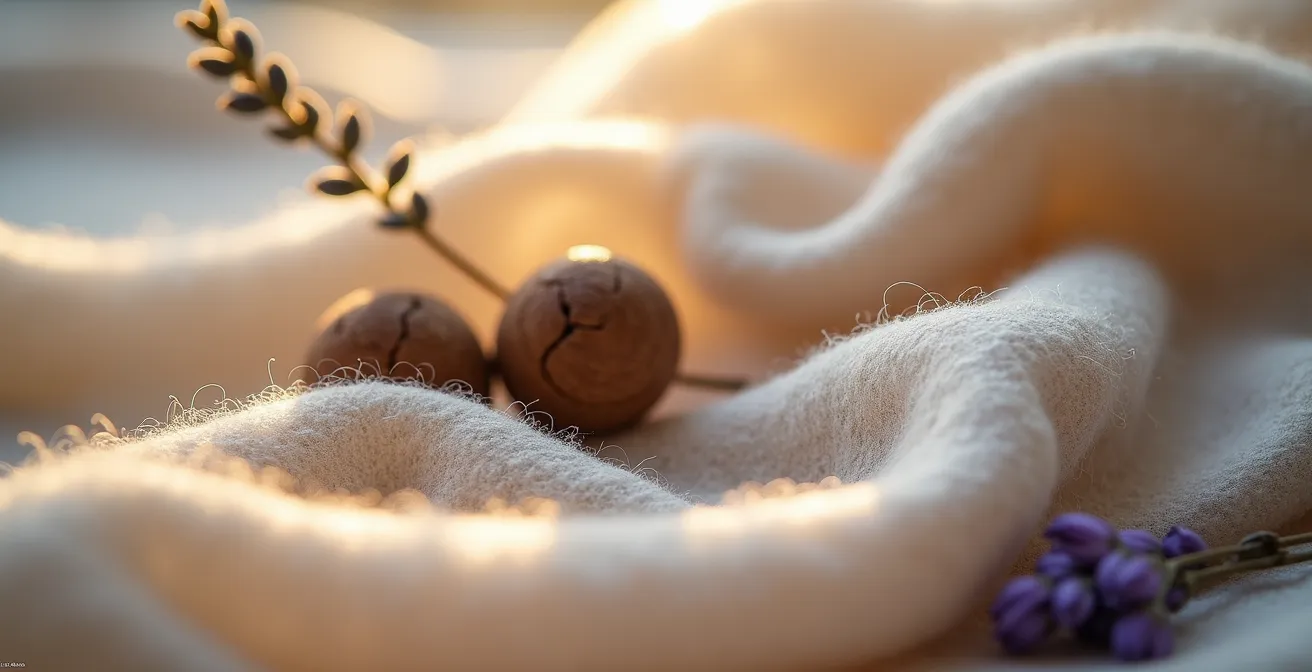 Nahaufnahme von Kaschmirfasern mit natürlichen Pflegemitteln