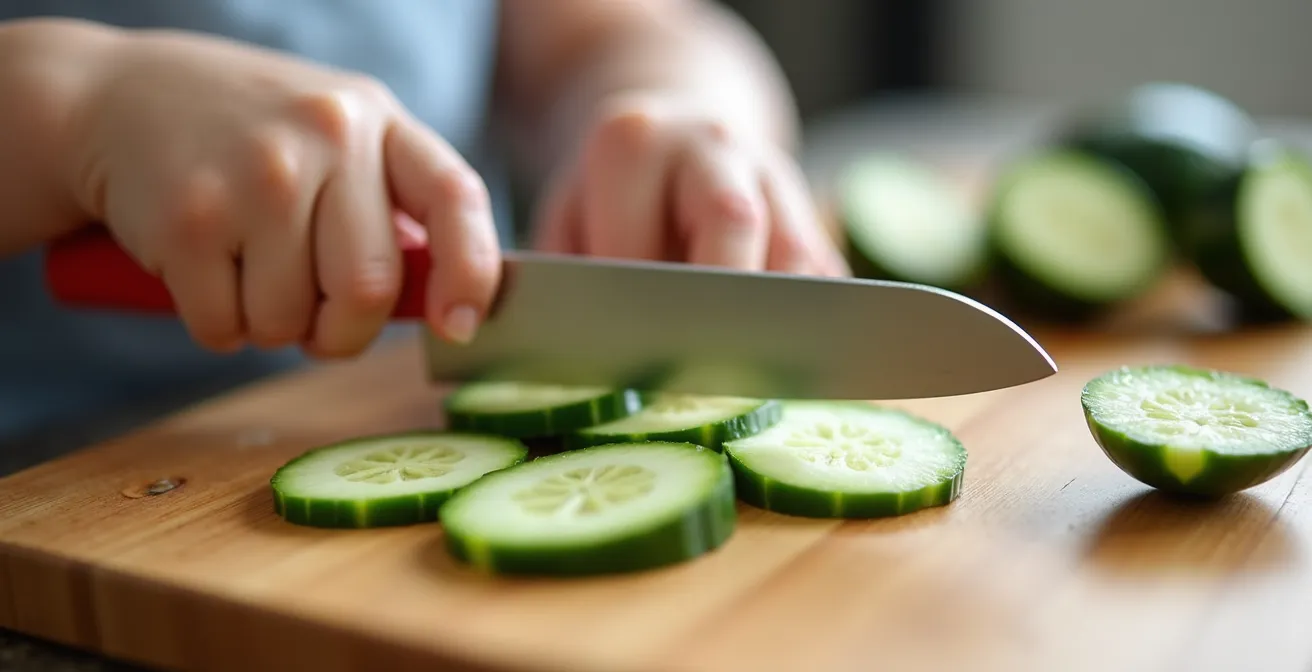 Kinderhände mit sicherem Kindermesser schneiden weiches Gemüse