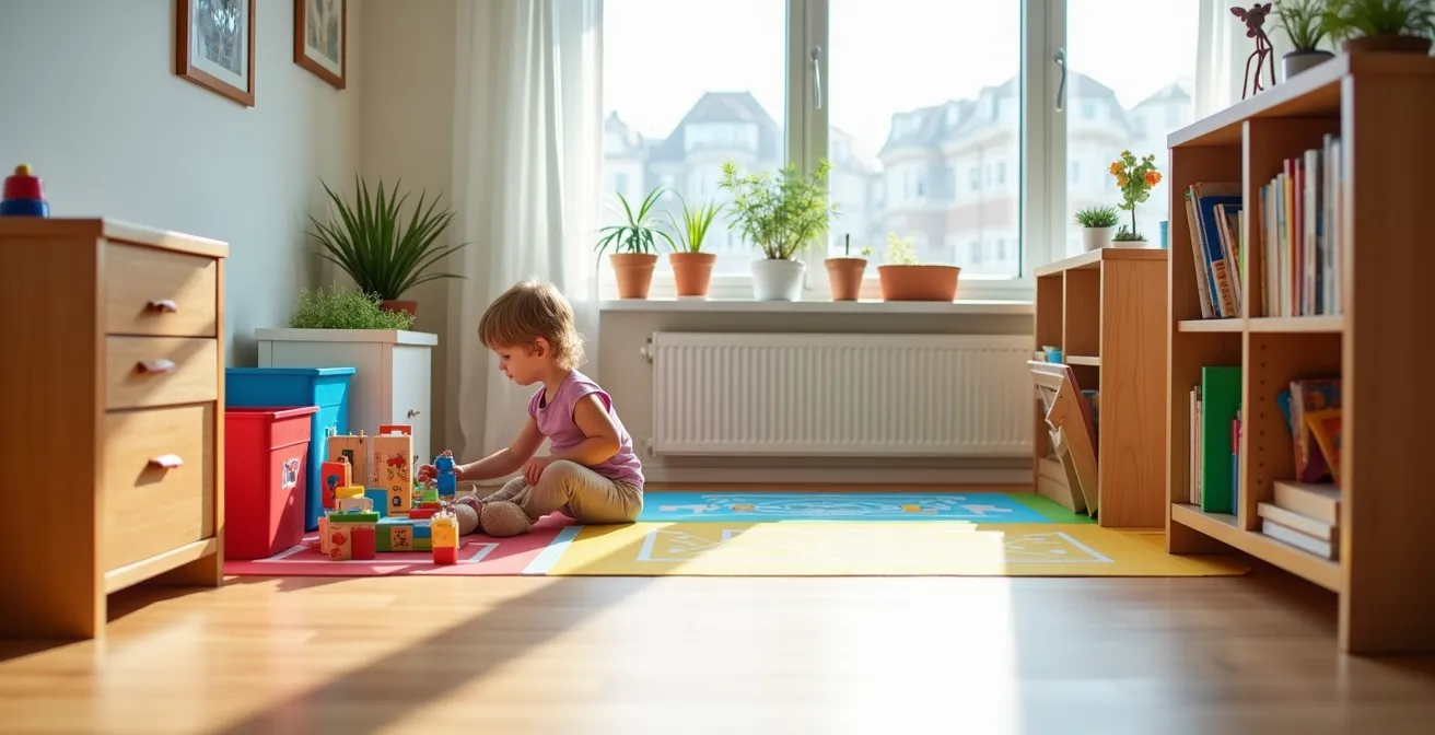 Kindgerecht eingerichtete Wohnung mit zugänglichen Spielbereichen und Montessori-Elementen