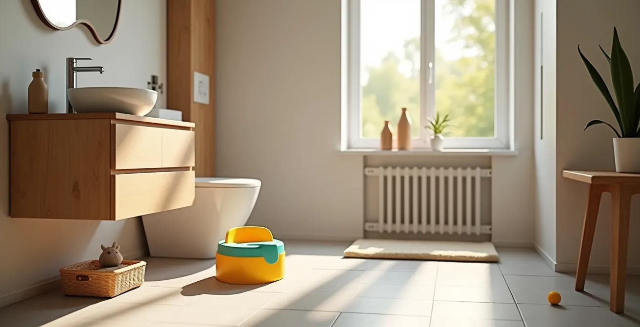 Kleinkind erkundet spielerisch das Töpfchen ohne Druck in einem hellen Badezimmer.