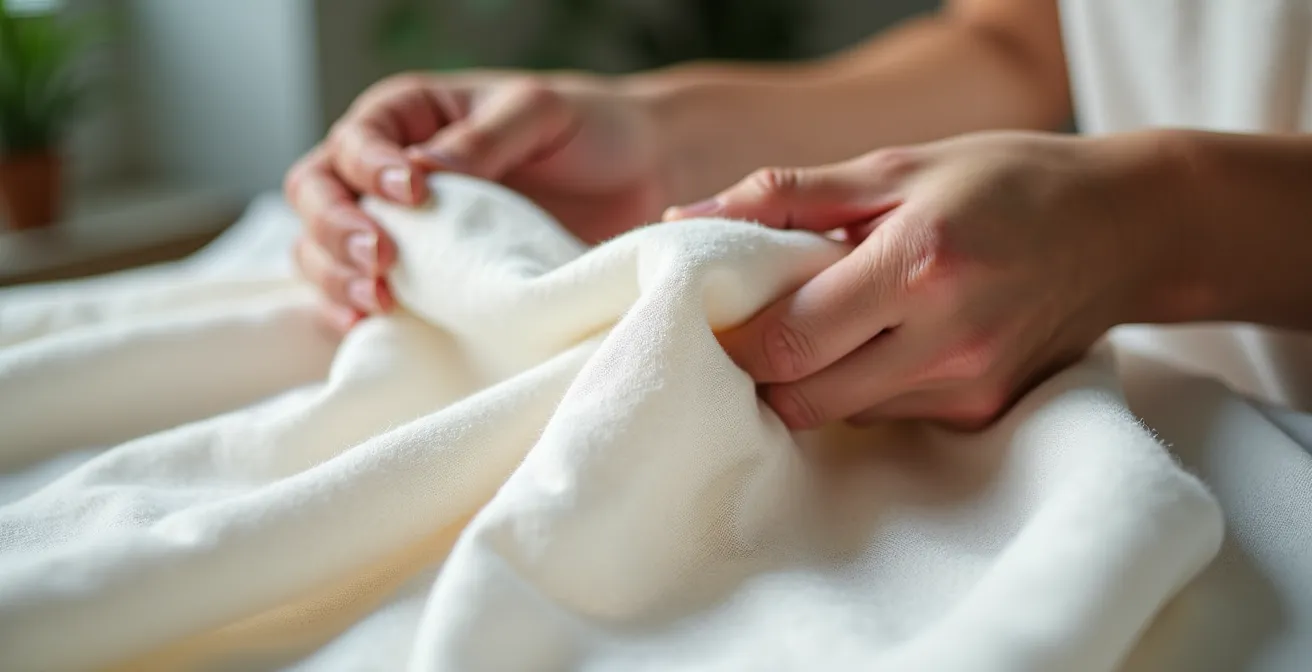 Nahaufnahme von Händen, die hochwertigen Leinenstoff auf Knitterbeständigkeit prüfen