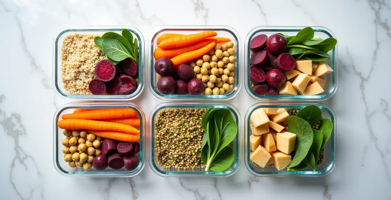 Vogelperspektive auf vorbereitete Glasschalen mit buntem Gemüse und Getreide