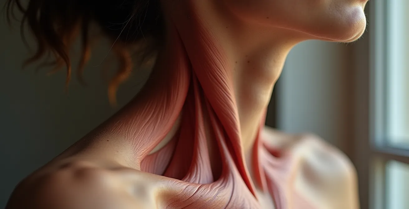 Makroaufnahme verspannter Nackenmuskulatur
