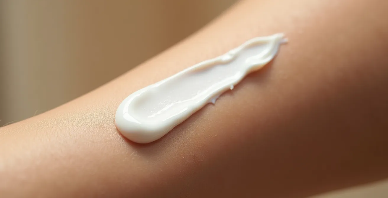 Makroaufnahme einer mineralischen Sonnencreme-Textur auf der Haut