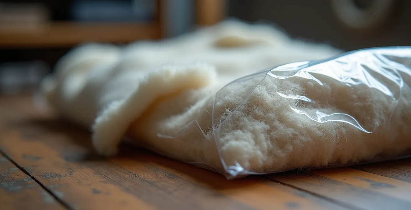 Organisierter Kleiderschrank mit modularer Übergangsgarderobe, die saisonale Kleidung in Vakuumbeuteln zeigt.