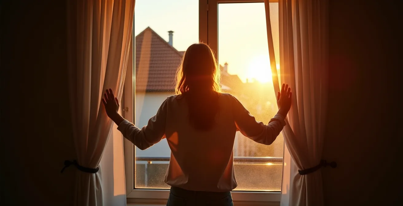 Frau beim achtsamen Morgenlüften am offenen Fenster