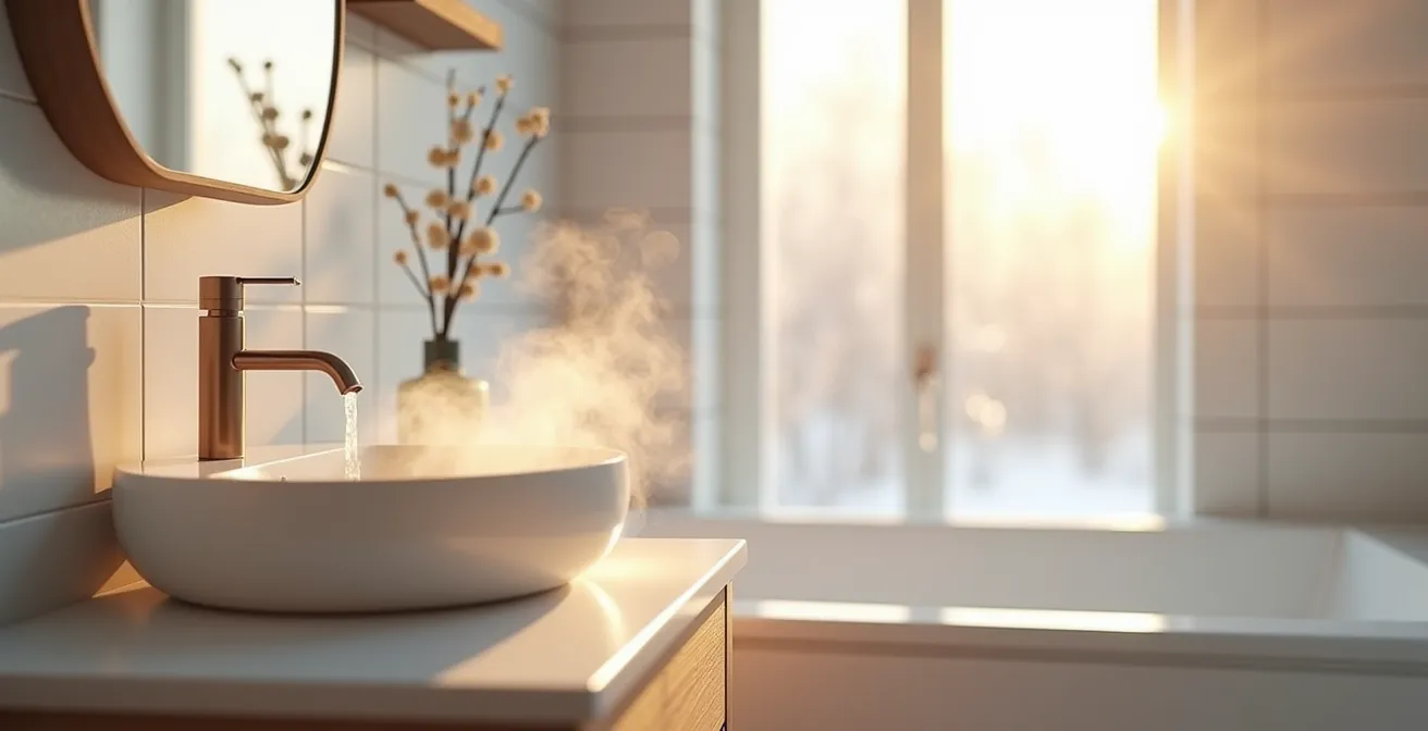 Minimalistische Weitwinkelaufnahme eines modernen Badezimmers im Morgenlicht