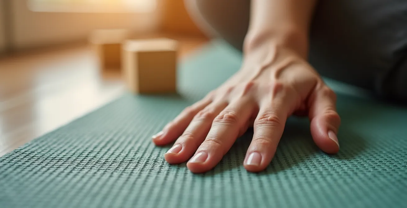 Mutter praktiziert Yoga als Akt der Selbstfürsorge, während ihr Kind im Hintergrund spielt.