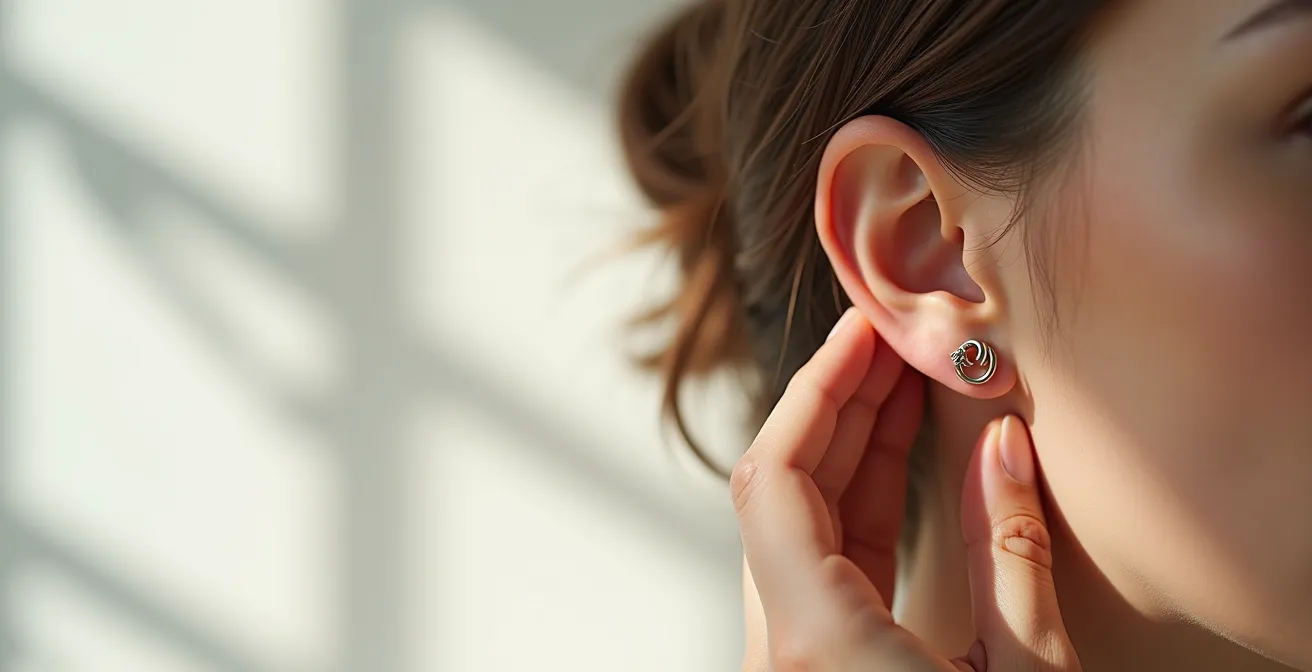 Eine Person hält verschiedene Huggie-Größen an ihr Ohr, um die richtige Auswahl zu demonstrieren.