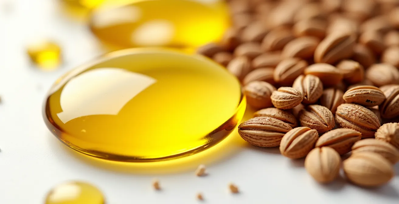 Ein Makro-Vergleich von Omega-3-Quellen: goldene Tropfen Algenöl neben der texturierten Oberfläche von Leinsamen.