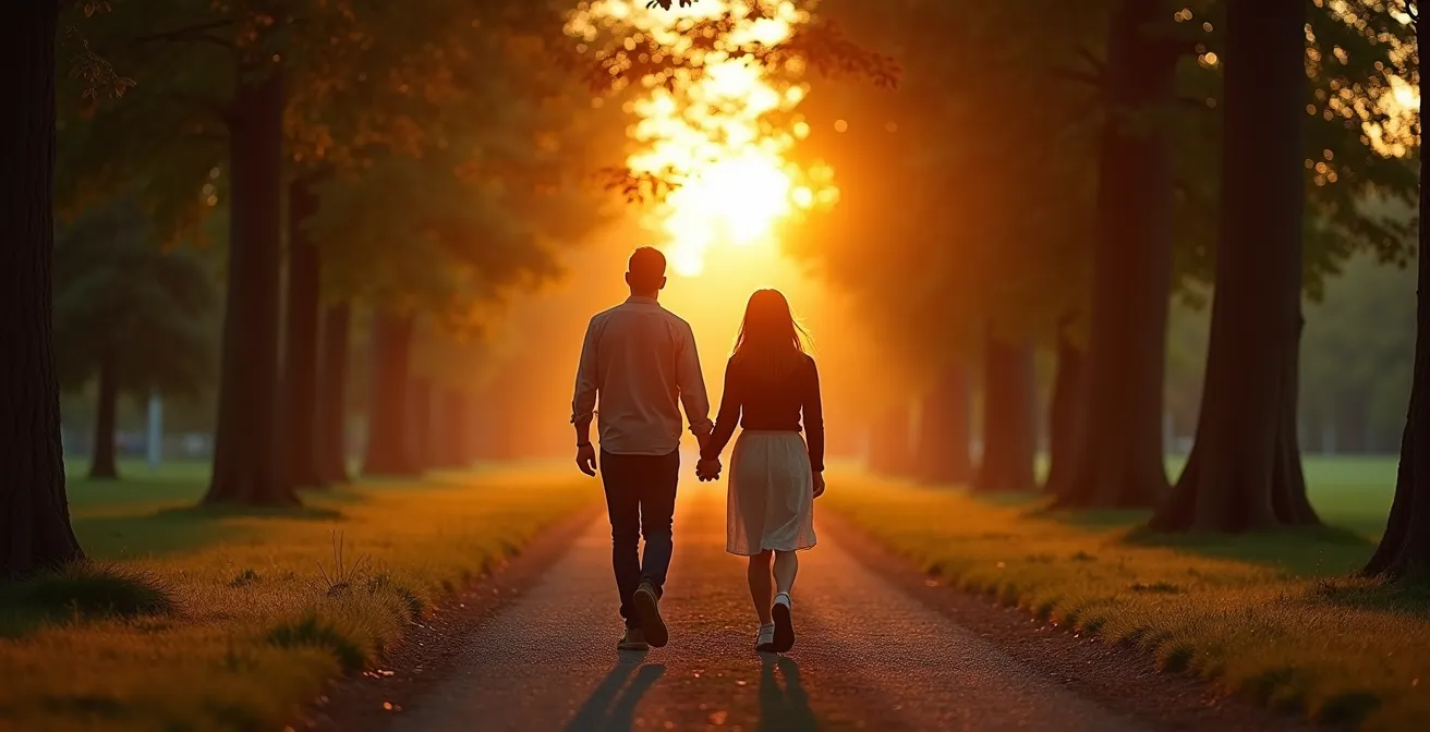Ein Paar geht Hand in Hand durch eine ruhige Parklandschaft und symbolisiert die Balance zwischen Elternschaft und Partnerschaft.
