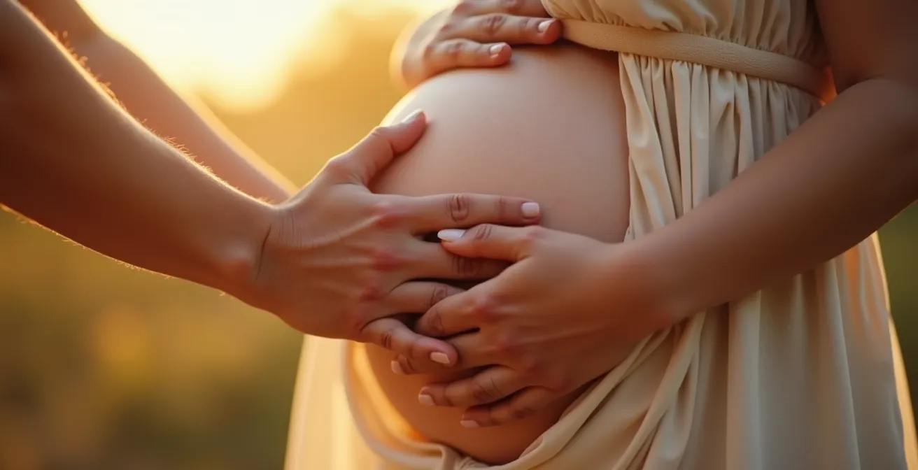 Partnerhände umfassen liebevoll den Schwangerschaftsbauch in warmem Licht