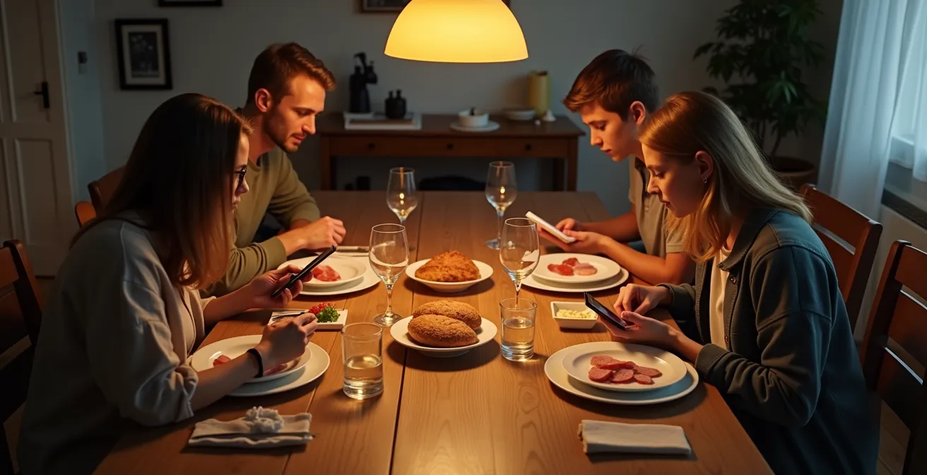 Familie am Esstisch mit Smartphones statt Gespräch, was die emotionale Distanz verdeutlicht.