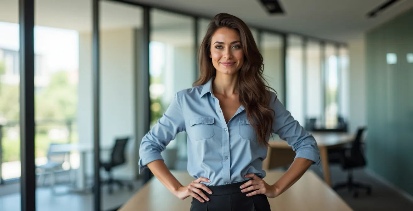 Frau in selbstbewusster Körperhaltung im modernen Büroraum