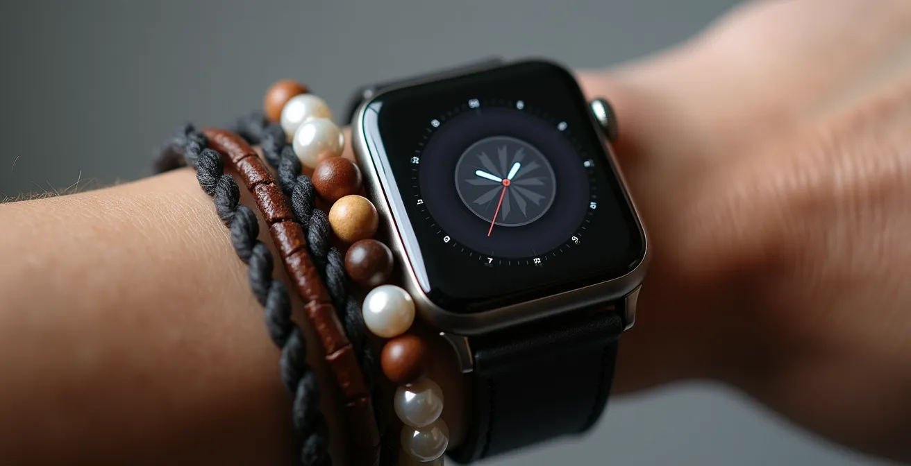 Nahaufnahme eines Handgelenks mit Apple Watch umgeben von weichen Perlenarmbändern als Puffer