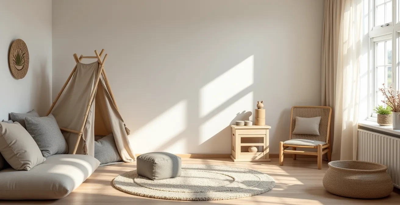 Reizarmes Kinderzimmer in neutralen Farben mit Rückzugsecke
