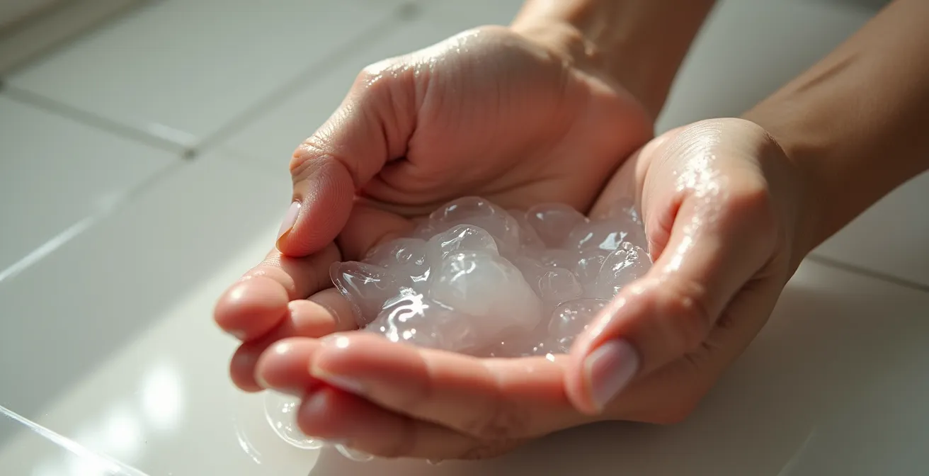 Hände emulgieren mildes Shampoo mit wenig Schaum in nassem Haar