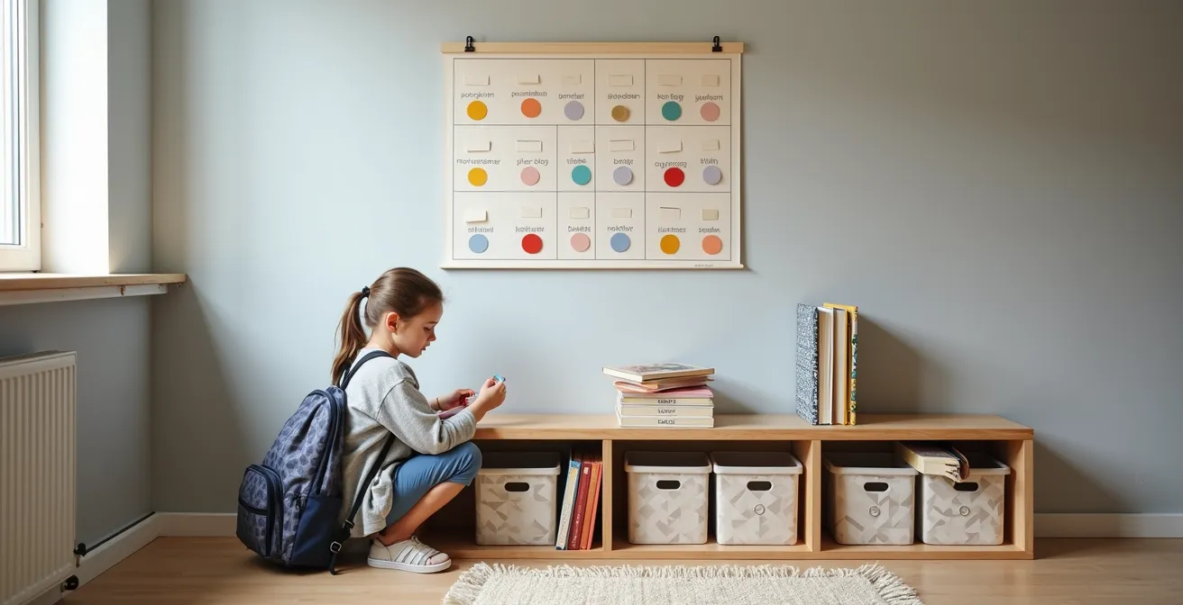 Schulranzen mit farbcodiertem Organisationssystem und Kind beim Packen