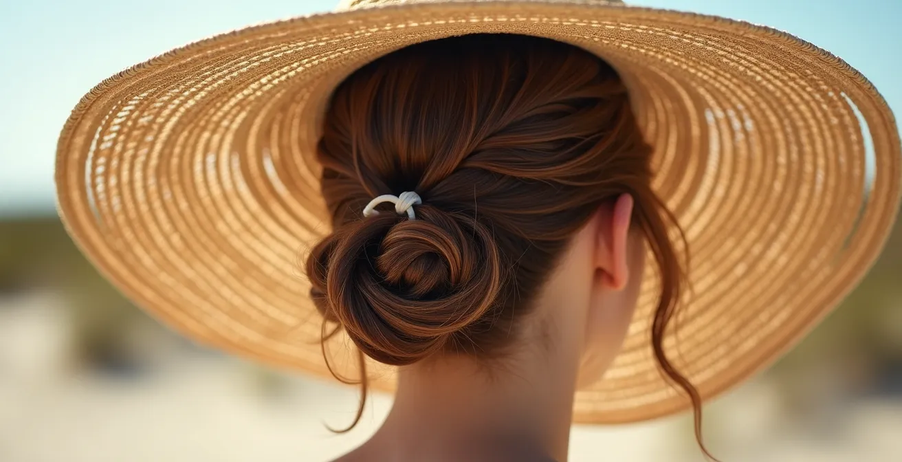 Eleganter geflochtener Dutt unter stylischem Sommerhut als UV-Schutz