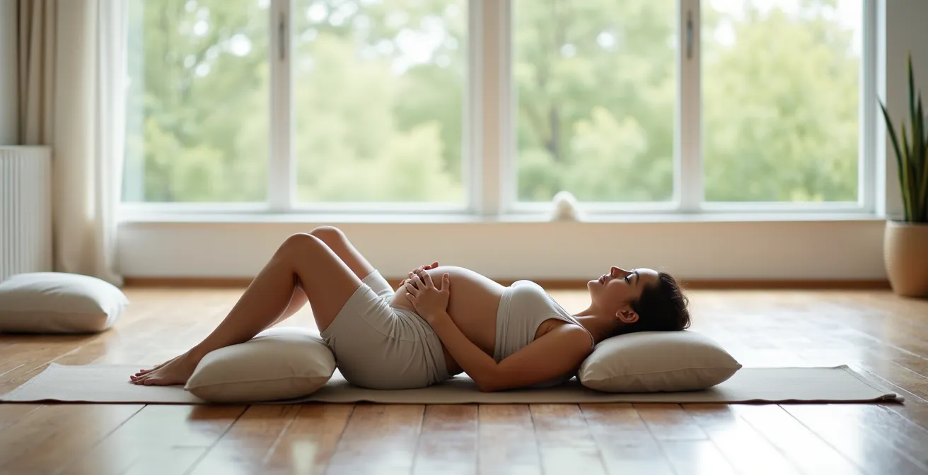 Schwangere in entspannter Yin-Yoga-Position mit Unterstützung